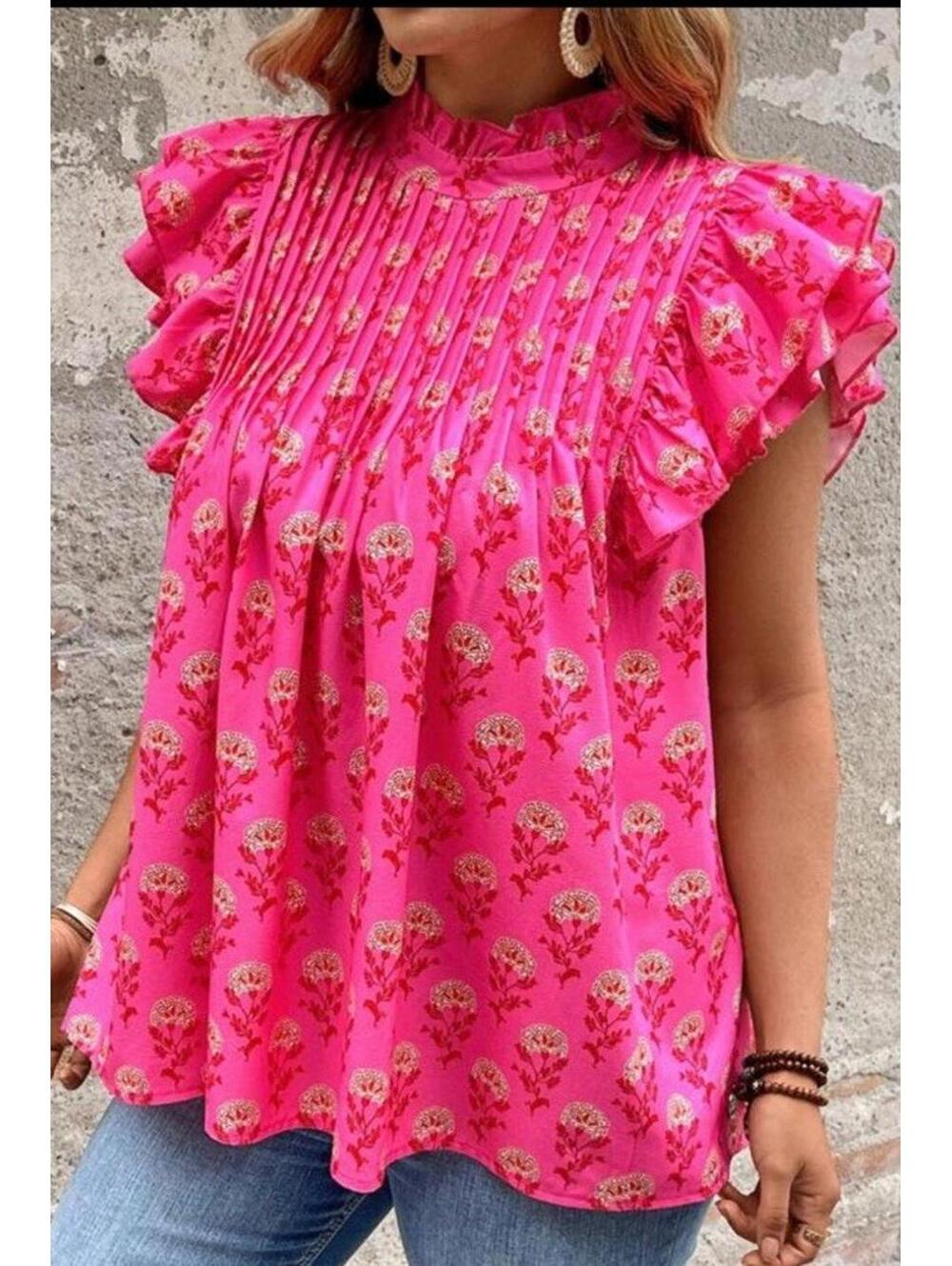 SHEIN Hot Pink Floral Sleeveless Pleated Ruffle Blouse. Size XL. Summer. - Picture 5 of 11